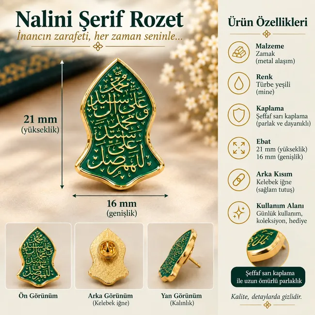 NÂL-İ ŞERÎF Kalp Rozeti (Yeşil) 16x21mm